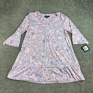 Ellen Tracy Tunic Womens Large Pink Blue Paisley Polyester Blend Pullover Ladies